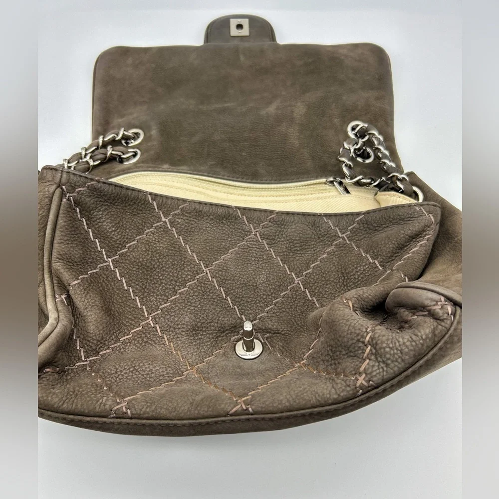 Chanel wild whipstitch flap bag grey suede silver hardware with card